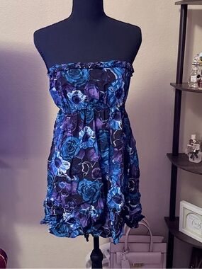 Blue & Purple Floral Strapless Dress